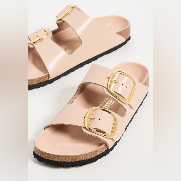 BIRKENSTOCK Arizona Big Buckle High Shine Leather Slide Sandals Nude 39 8-8.5 - Picture 1 of 16
